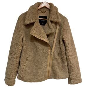 Hollister Moto Biker Fleece Sherpa ‎ Faux Shearling Teddy  Tan Jacket Small